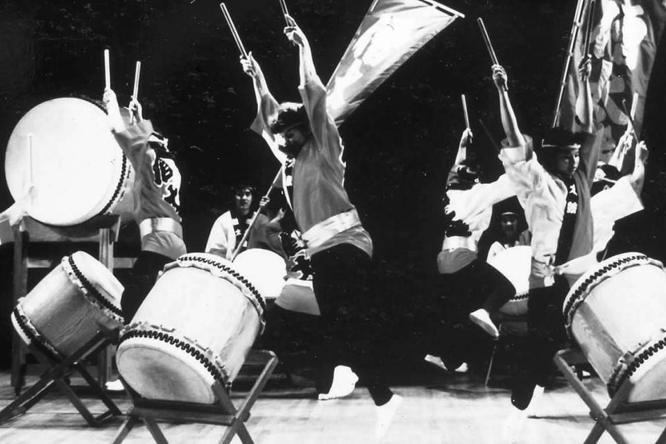 Soh Daiko performs on stage in New York City, 1997